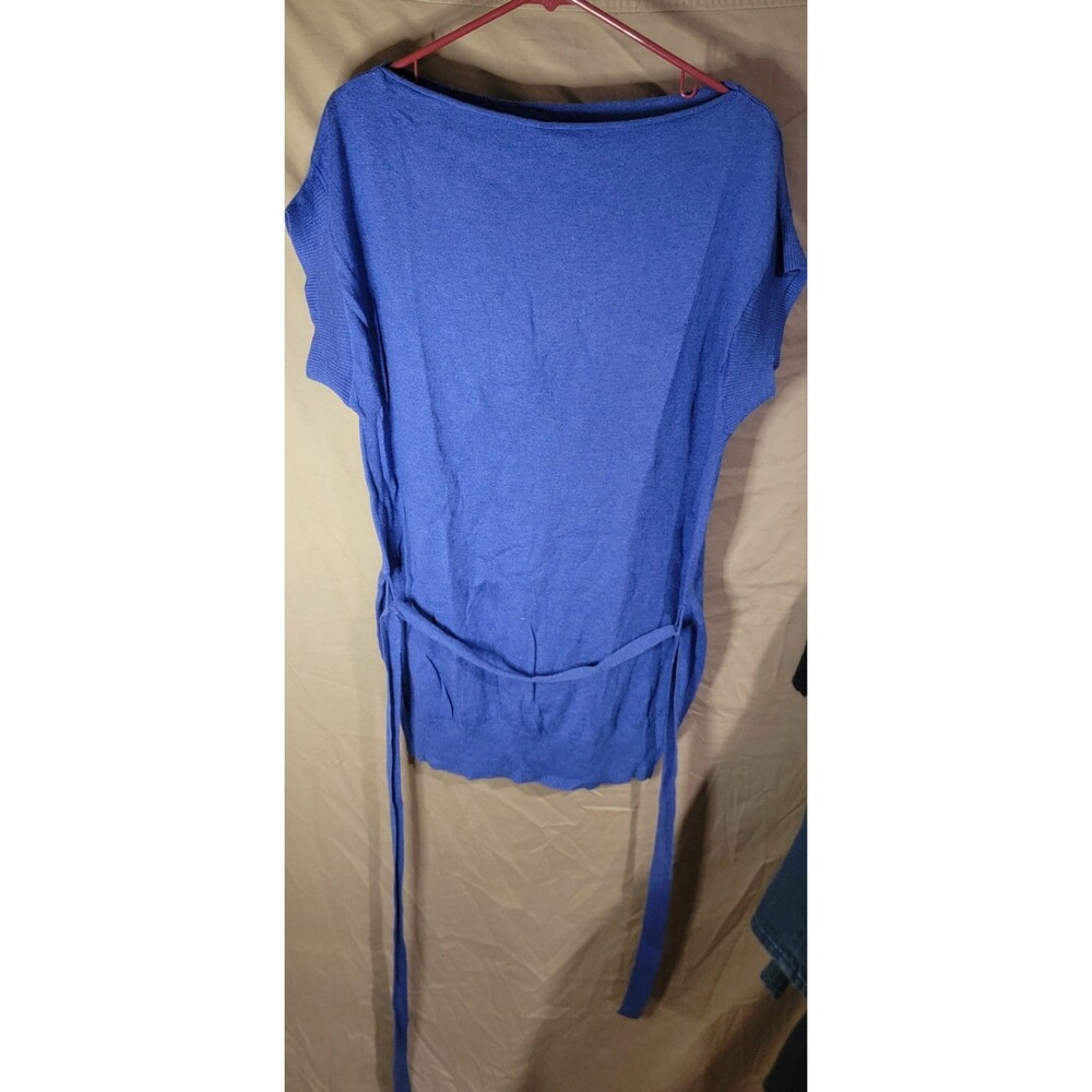 GAP Womens Medium Blue Short Sleeve Sweater Wide Collar Belted Stretch Knit Top